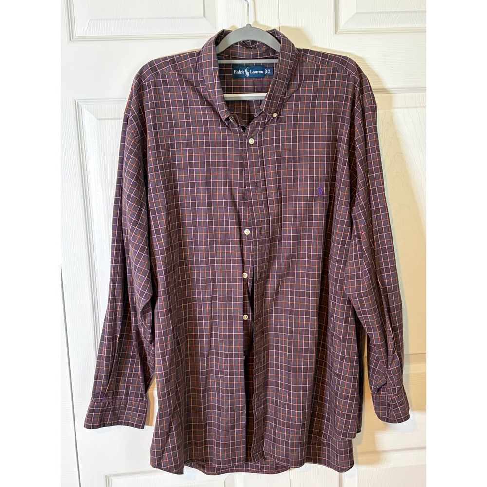 Ralph Lauren Mens 2X Big Plaid Button Down Shirt Purple Orange Long Sleeve Pony